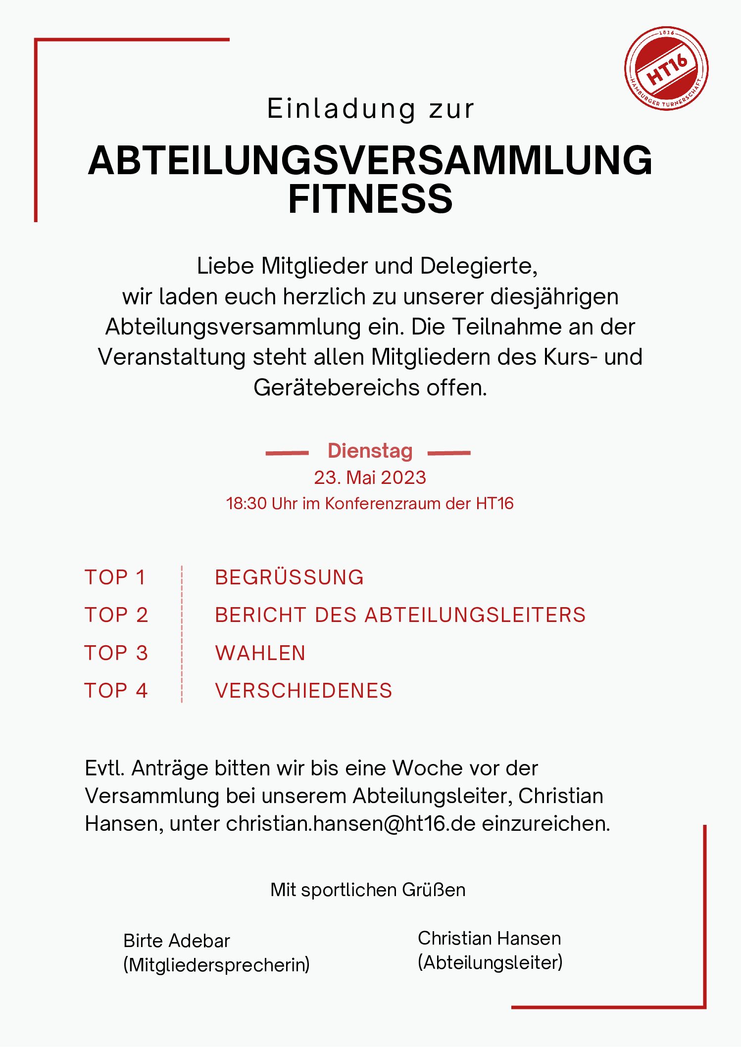 Einladung zur Abteilungsversammlung Fitness