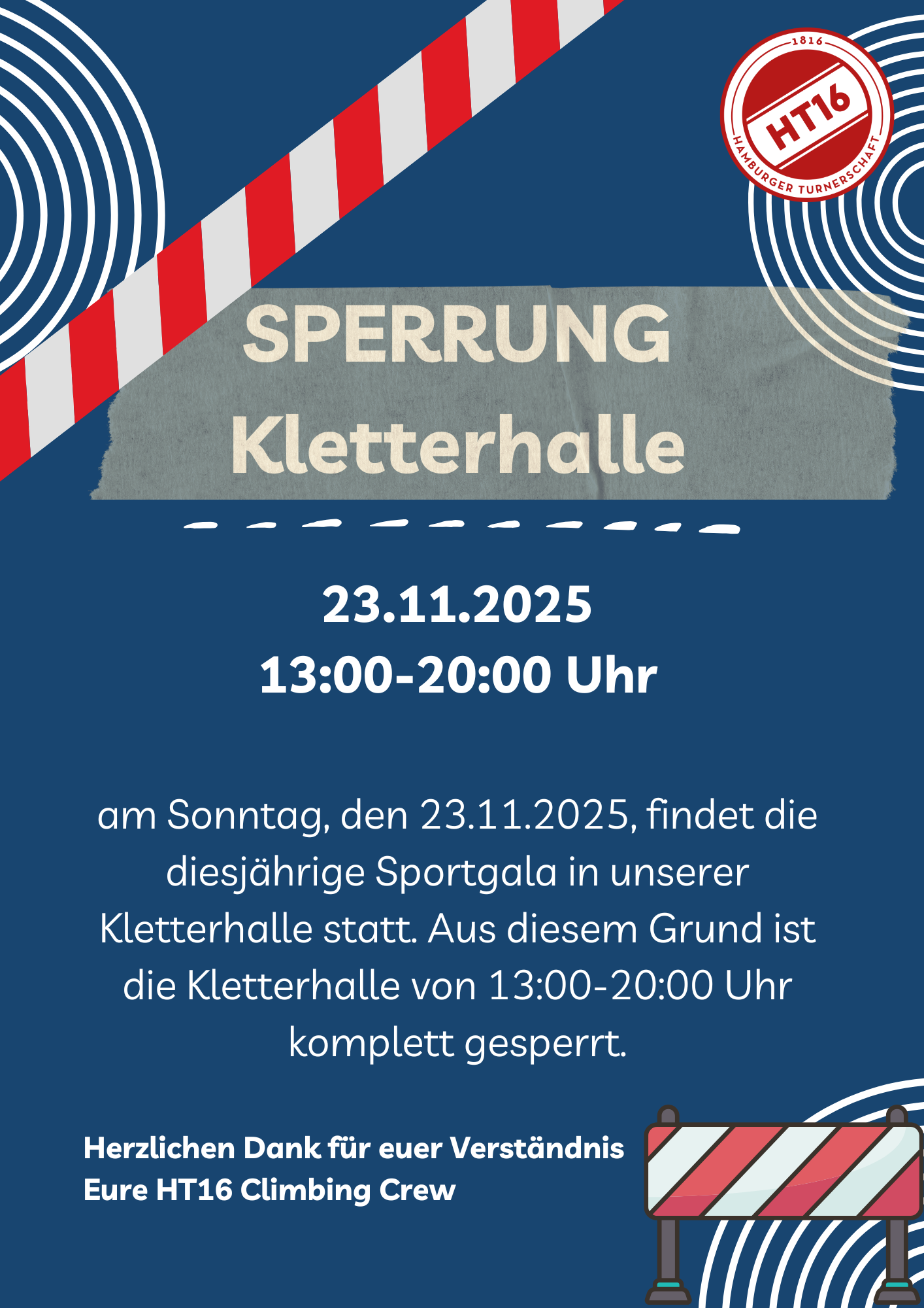 Sperrung: Kletterhalle am 23.11.2025